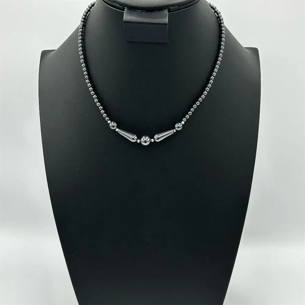 Vintage Hematite Bead Choker Necklace Bright Dark Gray - Picture 1 of 3